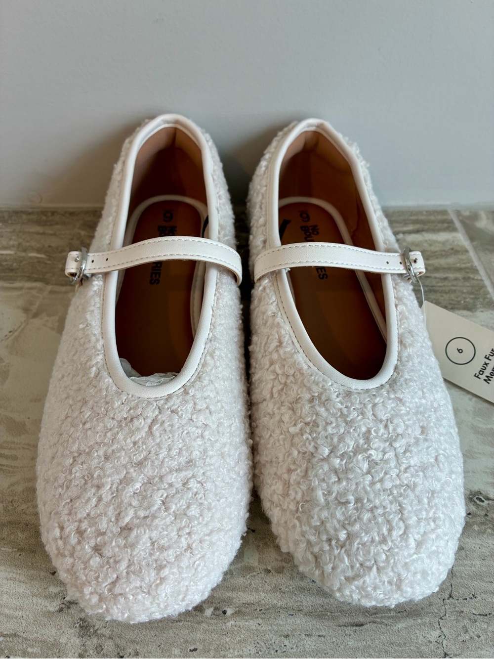 No Boundaries White Faux-Shearling Mary Jane Flats